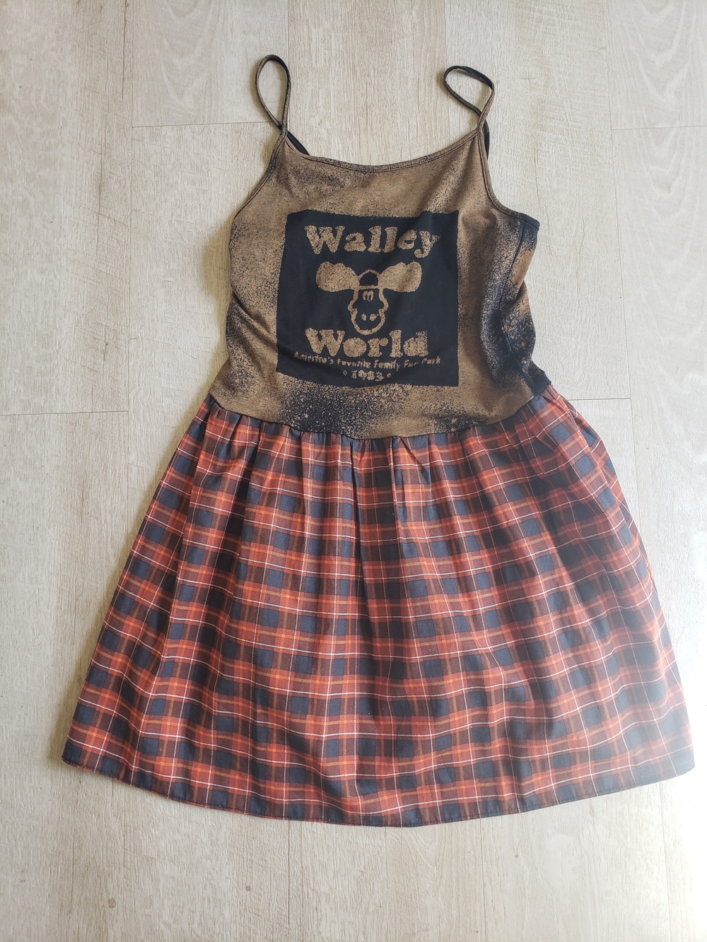 Women's Orange & Brown Plaid Tank MINI- Dress- HANDMADE (SIZE M) LIKE NEW